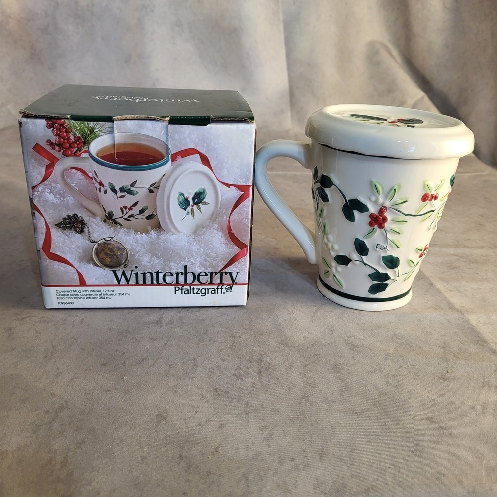Pfaltzgraff 12 fl oz Winterberry Covered Mug Tea Cup w/ Lid & Infuser NIB